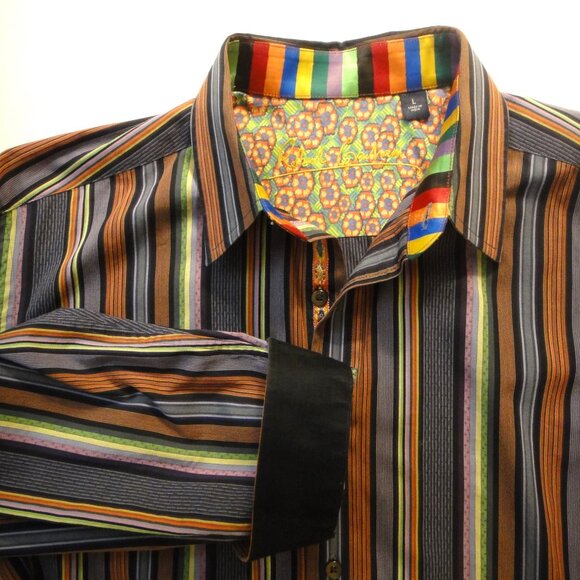 Robert Graham Button Up Shirt Men's Size Large Flip Cuffs Dark Stripes - Picture 1 of 12
